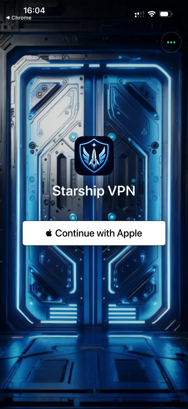 Экран входа Starship VPN с кнопкой Continue with Apple