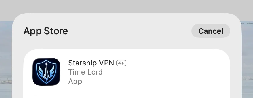 Системное окно подтверждения загрузки Starship VPN