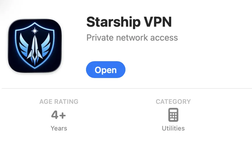 Кнопка Open после установки Starship VPN