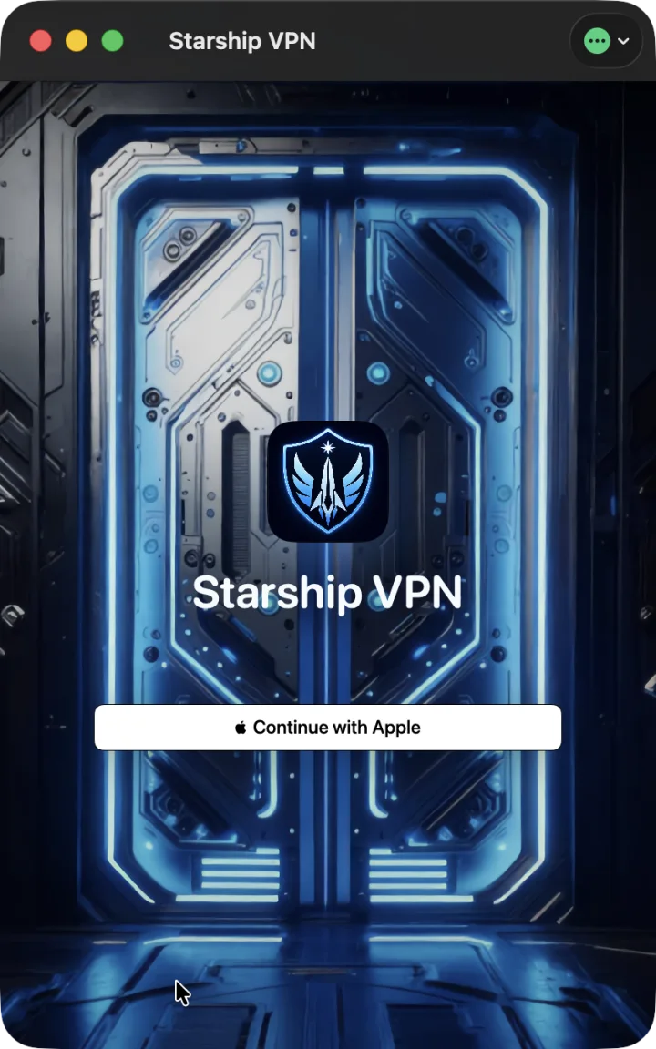 Экран входа Starship VPN с кнопкой Continue with Apple