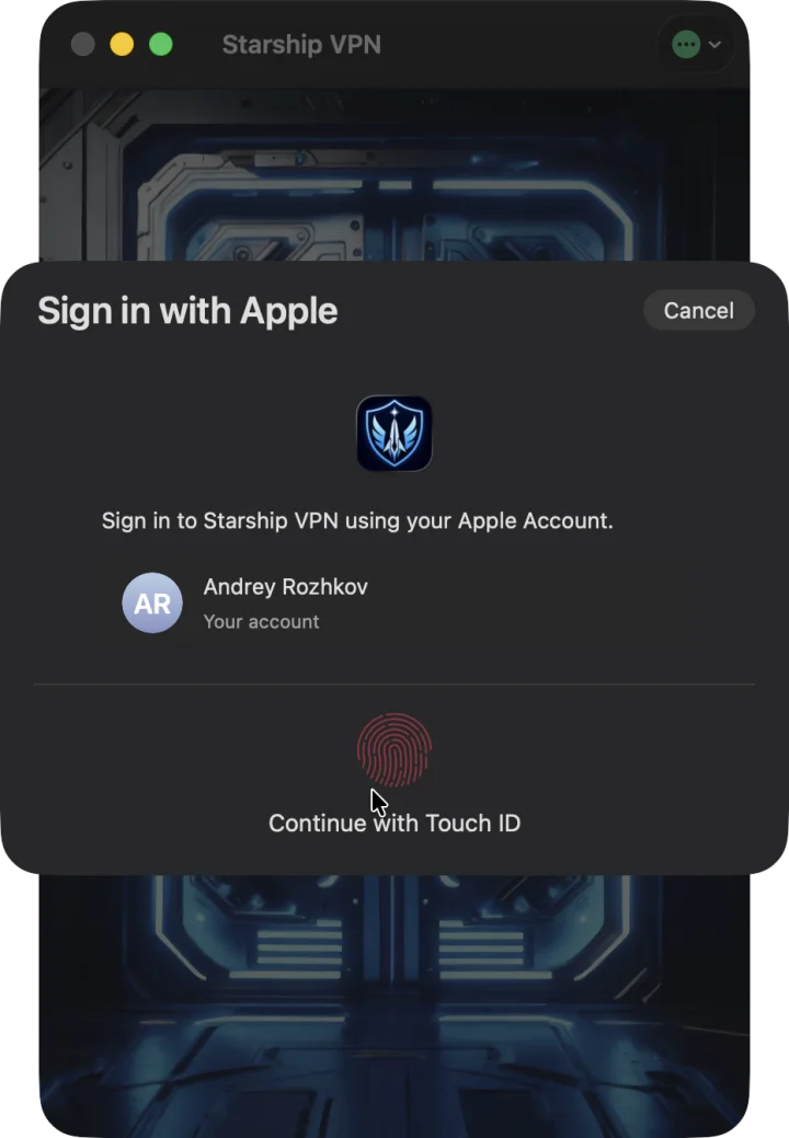 Подтверждение входа в Starship VPN через Touch ID